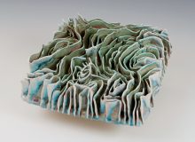 Turquoise Lines                                 8” x 8” x 3” Soda Fire Porcelain Paper Clay 2017